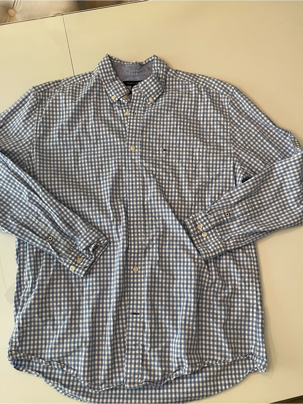 Tommy Hilfiger Men's Light Blue and White Gingham Button-Down Shirt